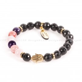 FAZETÁLT ÓNIX - RÓZSAKVARC - AMETISZT - MÁLNAKVARC - ARANY TELI FATIMA KEZE